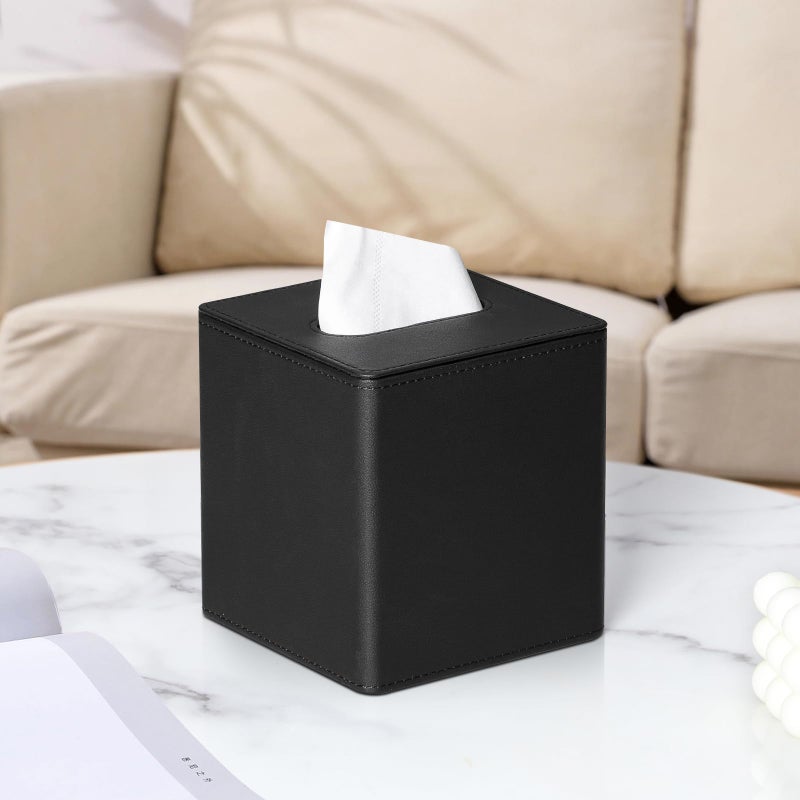 MEIBOOCH PU Leather Tissue Box Cover Square Tissue Box Holder with Magnetic Closure (Black) - Image 2